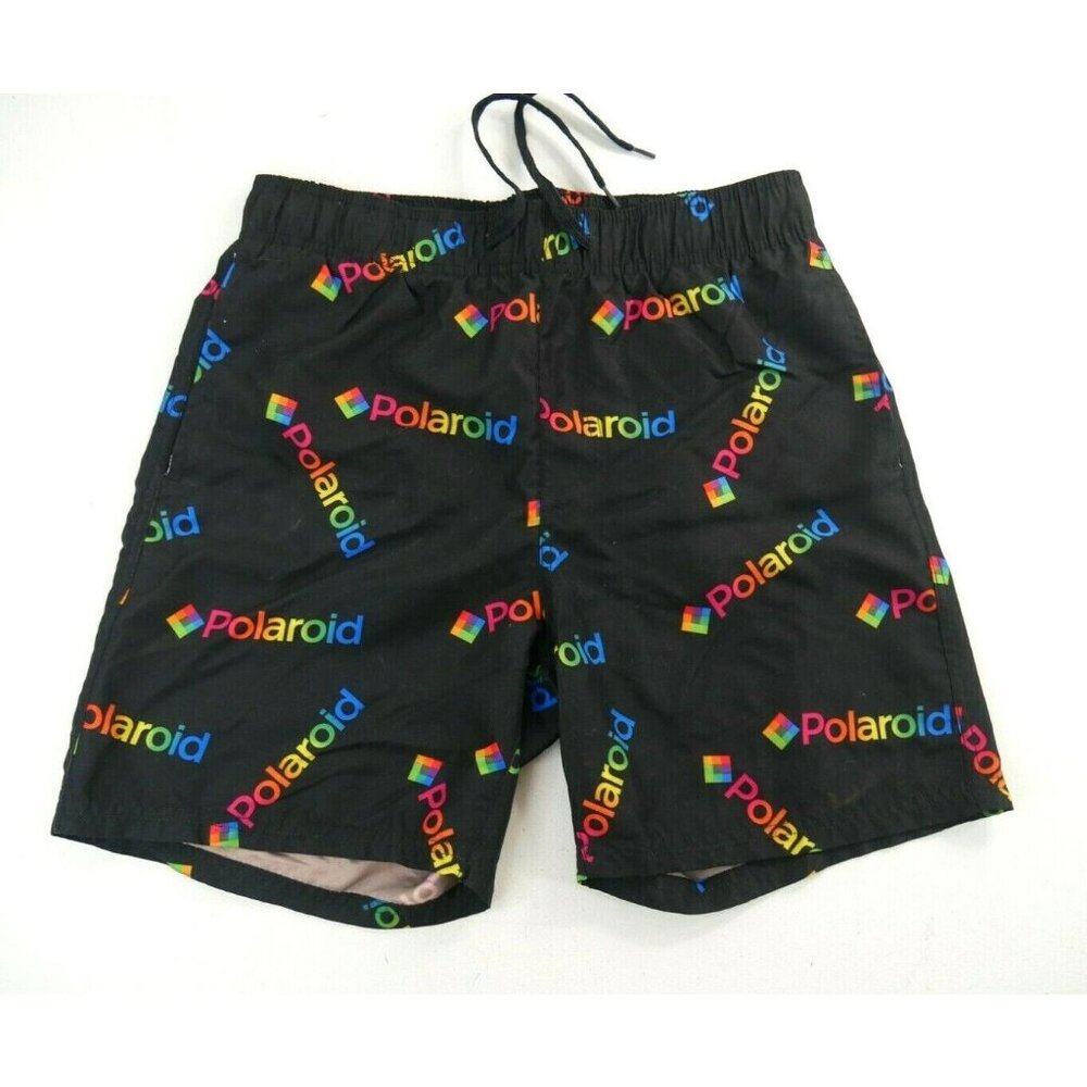 Polaroid Black Rainbow Spellout Print Swim Trunks Exercise Shorts Mens Medium